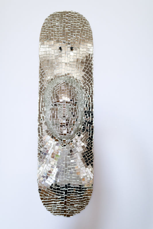 Gauli Mora, The Soul, sculpture, 2024, glass on skate deck, 30x8"